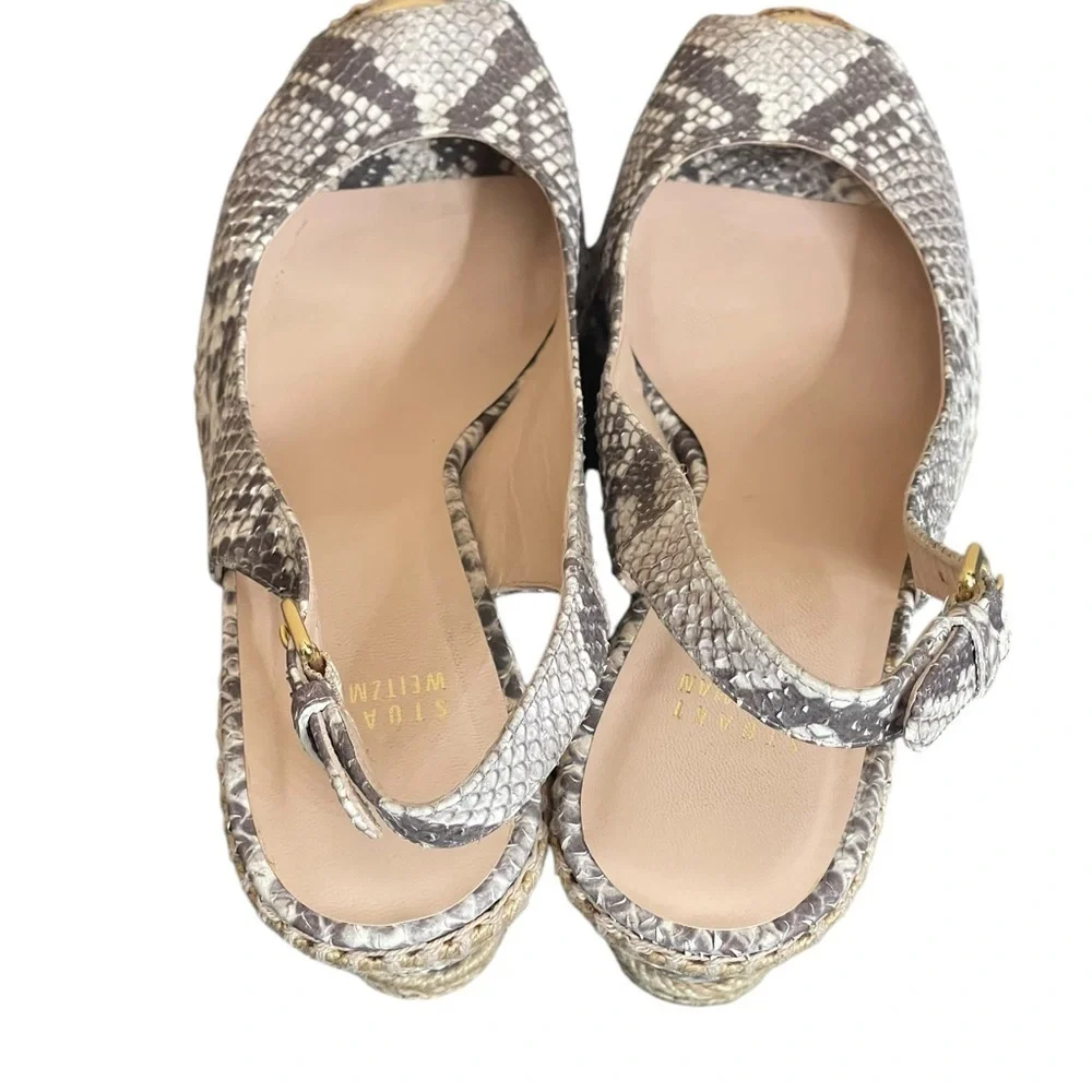 Stuart weitzman Beige Snakeskin Embossed Leather Espadrille Wedge Slingback 9.5M